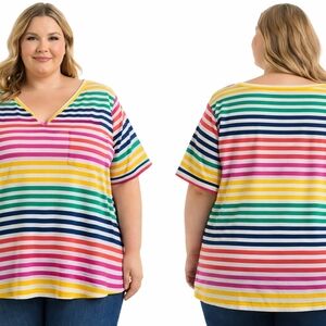 Woman Within Colorful Striped Short Sleeve Top